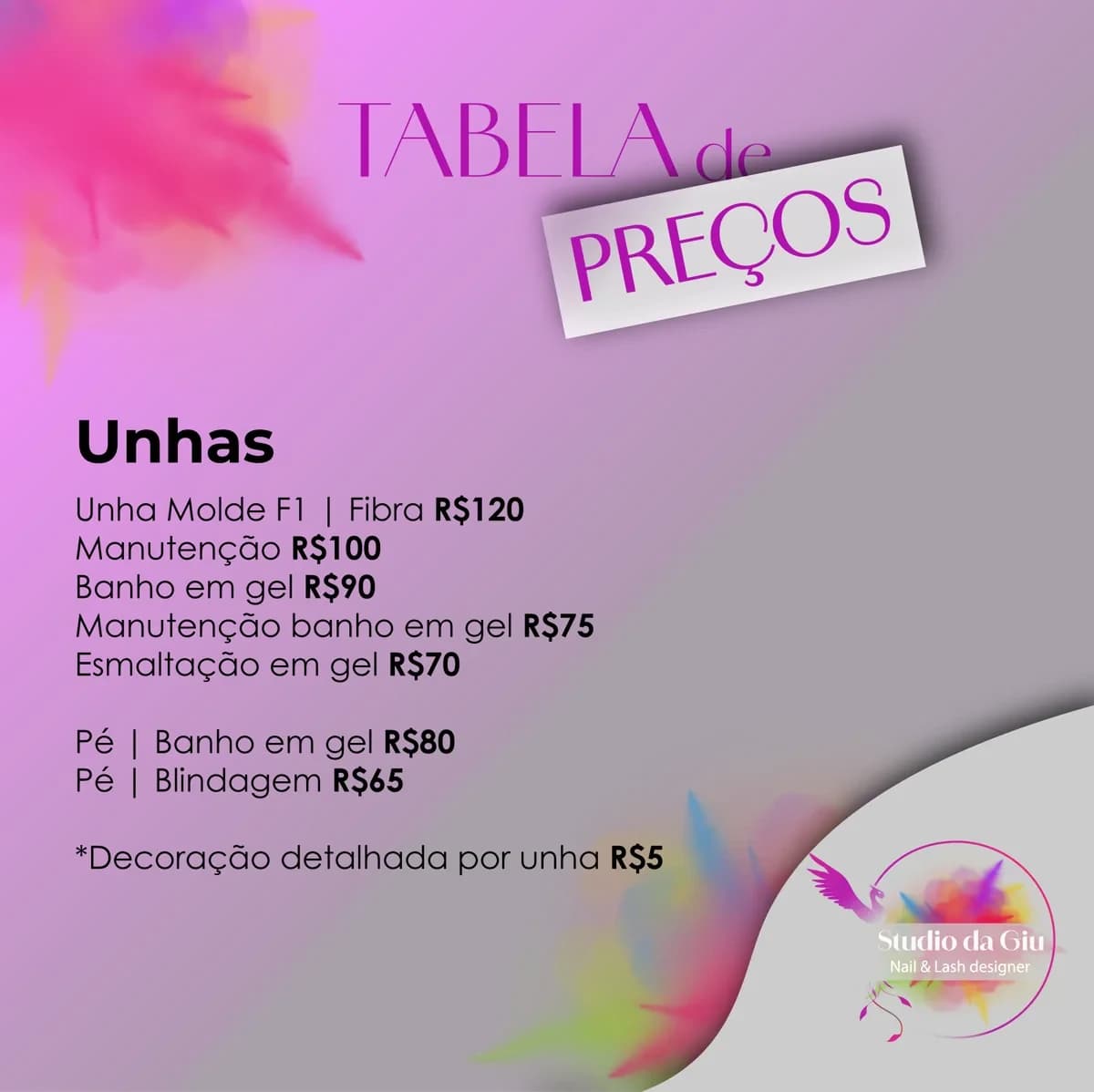 Tabela de preços criada para o Studio da Giu